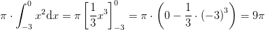 \pi \cdot \int_{-3}^{0}x^2\mathrm{d}x=\pi \left [\frac{1}{3}x^3 \right ]_{-3}^{0}=\pi \cdot \left ( 0-\frac{1}{3}\cdot \left ( -3 \right )^3 \right )=9\pi