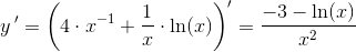y{\, }'=\left ( 4\cdot x^{-1}+\frac{1}{x}\cdot \ln(x) \right ){}'=\frac{-3-\ln(x)}{x^2}