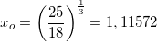 \small x_o=\left (\frac{25}{18} \right )^{\frac{1}{3}}=1,11572