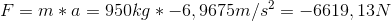 F=m*a=950 kg*-6,9675 m/s^2=-6619,13 N