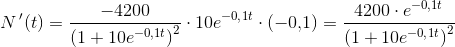 N{\, }'(t)=\frac{-4200}{\left (1+10e^{-0{,}1t} \right )^2}\cdot 10e^{-0{,}1t}\cdot (-0{,}1)=\frac{4200\cdot e^{-0{,}1t}}{\left (1+10e^{-0{,}1t} \right )^2}