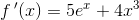 f{\, }'(x)=5 e^x+4x^{3}