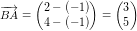 \small \overrightarrow{BA}=\begin{pmatrix} 2-(-1)\\ 4-(-1) \end{pmatrix}=\begin{pmatrix} 3\\5 \end{pmatrix}