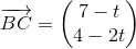 \mathbf{\overrightarrow{BC}}=\begin{pmatrix} 7-t\\4-2t \end{pmatrix}
