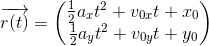 \overrightarrow{r(t)}=\begin{pmatrix} \tfrac{1}{2}a_xt^2+v_{0x}t+x_0\\ \tfrac{1}{2}a_yt^2+v_{0y}t+y_0 \end{pmatrix}