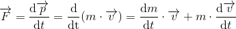 \overrightarrow{F}=\frac{\mathrm{d} \overrightarrow{p}}{\mathrm{d} t}=\frac{\mathrm{d} }{\mathrm{dt} }(m\cdot \overrightarrow{v})=\frac{\mathrm{d} m}{\mathrm{d} t}\cdot \overrightarrow{v}+m\cdot \frac{\mathrm{d} \overrightarrow{v}}{\mathrm{d} t}