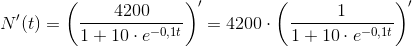 N'(t)=\left (\frac{4200}{1+10\cdot e^{-0,1t}} \right )'=4200\cdot \left ( \frac{1}{1+10\cdot e^{-0,1t}} \right )'