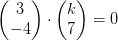 \begin{pmatrix} 3\\-4 \end{pmatrix}\cdot \begin{pmatrix} k\\7 \end{pmatrix}=0