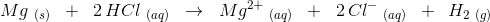 Mg\; _{(s)}\; \; +\; \; 2\, HCl\; _{(aq)}\; \; \rightarrow \; \; Mg^{2+}\; _{(aq)}\; \; +\; \; 2\, Cl^-\; _{(aq)}\; \; +\: \: H_2\; _{(g)}