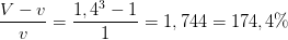 \frac{V-v}{v}=\frac{1,4^3-1}{1}=1,744=174,4\%