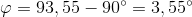 \varphi =93,55-90^{\circ}=3,55^{\circ}
