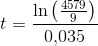 t=\frac{\ln\left (\frac{4579}{9} \right )}{0{,}035}