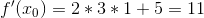 f'(x_0)=2*3*1+5=11
