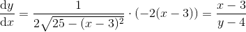 \frac{\mathrm{d} y}{\mathrm{d} x}=\frac{1}{2\sqrt{25-(x-3)^2}}\cdot \left ( -2(x-3) \right )=\frac{x-3}{y-4}