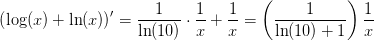 \left (\log (x)+\ln (x)\right ){}'=\frac{1}{\ln(10)}\cdot \frac{1}{x}+\frac{1}{x}=\left (\frac{1}{\ln(10)+1} \right )\frac{1}{x}