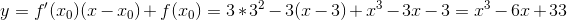 y=f'(x_{0})(x-x_{0})+f(x_{0})=3*3^{2}-3(x-3)+x^{3}-3x-3=x^{3}-6x+33