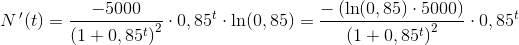 N{\, }'(t)=\frac{-5000}{\left ( 1+0,85^t \right )^2}\cdot 0,85^t\cdot \ln(0,85)=\frac{-\left (\ln(0,85)\cdot 5000 \right )}{\left ( 1+0,85^t \right )^2}\cdot 0,85^t