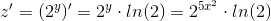 z' = (2^y)' = 2^y \cdot ln(2) =2^{5x^2}\cdot ln(2)