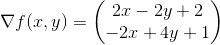 \nabla f(x,y)=\begin{pmatrix} 2x-2y+2\\ -2x+4y+1 \end{pmatrix}
