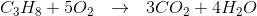 C_3H_8+5O_2~~\rightarrow~~3 CO_2+4H_2O