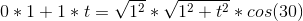 0*1+1*t=\sqrt{1^2}*\sqrt{1^2+t^2}*cos(30)