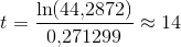 t=\frac{\ln(44{,}2872)}{0{,}271299}\approx 14