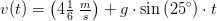 v(t)=\left (4\tfrac{1}{6}\; \tfrac{m}{s} \right )+g\cdot \sin\left ( 25^\circ \right )\cdot t