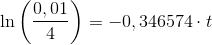 \ln\left ( \frac{0,01}{4} \right )=-0,346574\cdot t