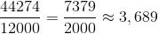 \frac{44274}{12000} = \frac{7379}{2000} \approx 3,689