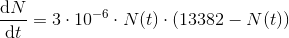 \frac{\mathrm{d} N}{\mathrm{d} t}=3\cdot 10^{-6}\cdot N(t)\cdot (13382-N(t))
