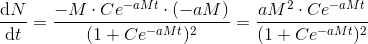 \frac{\mathrm{d} N}{\mathrm{d} t}=\frac{-M\cdot Ce^{-aMt}\cdot (-aM)}{(1+Ce^{-aMt})^2}=\frac{aM^2\cdot Ce^{-aMt}}{(1+Ce^{-aMt})^2}