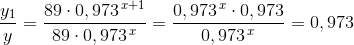\frac{y_1}{y}=\frac{89\cdot 0,973^{^{\, x+1}}}{89\cdot 0,973^{\, x}}=\frac{0,973^{\, x}\cdot 0,973}{0,973^{\, x}}=0,973