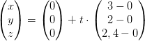 \begin{pmatrix} x\\y \\ z \end{pmatrix}=\begin{pmatrix} 0\\0 \\ 0 \end{pmatrix}+t\cdot \begin{pmatrix} 3-0\\2-0 \\ 2,4-0 \end{pmatrix}