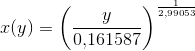 x(y)=\left (\frac{y}{0{,}161587} \right )^{\frac{1}{2{,}99053}}