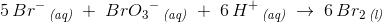 5\, Br^{-}\, _{\textit{(aq)}}\; +\; {BrO_3}^-\, _{\textit{(aq)}}\; +\; 6\, H^+\, _{\textit{(aq)}}\; \rightarrow \; 6\, Br_2\, _{\textit{(l)}}