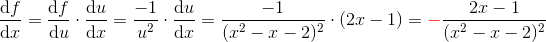 \frac{\mathrm{d} f}{\mathrm{d} x}=\frac{\mathrm{d} f}{\mathrm{d} u}\cdot\frac{\mathrm{d} u}{\mathrm{d} x}=\frac{-1}{u^2}\cdot \frac{\mathrm{d} u}{\mathrm{d} x}=\frac{-1}{(x^2-x-2)^2}\cdot (2x-1)=\mathbf{\color{Red} -}\frac{2x-1}{(x^2-x-2)^2}