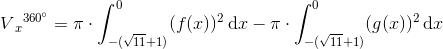 V{_{x}}^{360^{\circ}}=\pi \cdot \int_{-(\sqrt{11}+1)}^{0}(f(x))^2\, \textup{d}x-\pi \cdot \int_{-(\sqrt{11}+1)}^{0}(g(x))^2\, \textup{d}x