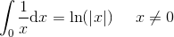 \int _0\frac{1}{x}\textup{d}x=\ln(\left | x \right |)\; \; \; \; \; x\neq 0