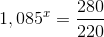 1,085^x=\frac{280}{220}