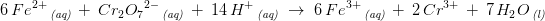 \! \! \! \! \! \! \! \! \! \! \! 6\, Fe^{2+}\, _{\textit{(aq)}}\; +\; Cr_2{O_7}^{2-}\, _{\textit{(aq)}}\; +\; 14\, H^+\, _{\textit{(aq)}}\; \rightarrow \; 6\, Fe^{3+}\, _{\textit{(aq)}}\; +\; 2\, Cr^{3+}\; +\; 7\, H_2O \, _{\textit{(l)}}
