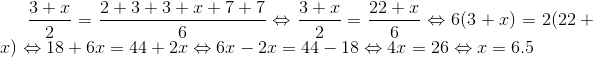 \frac{3+x}{2}=\frac{2+3+3+x+7+7}{6}\Leftrightarrow \frac{3+x}{2}=\frac{22+x}{6}\Leftrightarrow 6(3+x)=2(22+x)\Leftrightarrow 18+6x=44+2x\Leftrightarrow 6x-2x=44-18\Leftrightarrow 4x=26\Leftrightarrow x=6.5