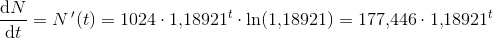 \frac{\mathrm{d} N}{\mathrm{d} t}=N{\, }'(t)=1024\cdot 1{,}18921^t\cdot \ln(1{,}18921)=177{,}446\cdot 1{,}18921^t