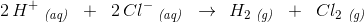 2\, H^+\; _{\textit{(aq)}}\; \; +\; \; 2\, Cl^-\; _{\textit{(aq)}}\; \; \rightarrow \: \: H_2\; _{\textit{(g)}}\; \; +\; \; Cl_2\; _{\textit{(g)}}