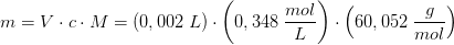 m=V\cdot c\cdot M=(0,002\; L)\cdot \left ( 0,348\; \frac{mol}{L} \right )\cdot \left ( 60,052\; \frac{g}{mol} \right )