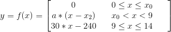 y=f(x)=\begin{bmatrix} \begin{matrix} 0 & & 0\leq x \leq x_{0} \\ a*(x-x_{2}) & & x_{0}<x<9 & & \\ 30*x-240 & & 9\leq x \leq 14 \\ \end{matrix} \end{bmatrix}